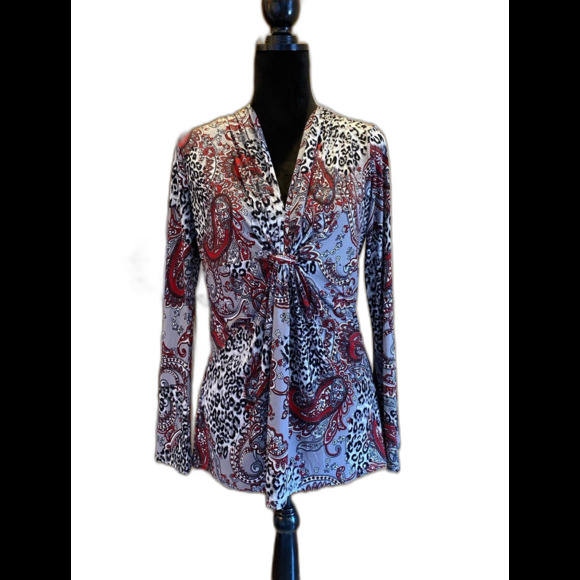 Bisou Bisou Womens Large Paisley Stretchy Black Red Bell Sleeve Boho Blouse Top - Picture 1 of 10